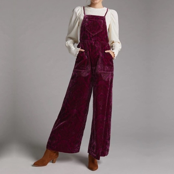 Anthropologie Wide-Leg Velvet Overalls Plum, Paisley, Size Small - Picture 1 of 13